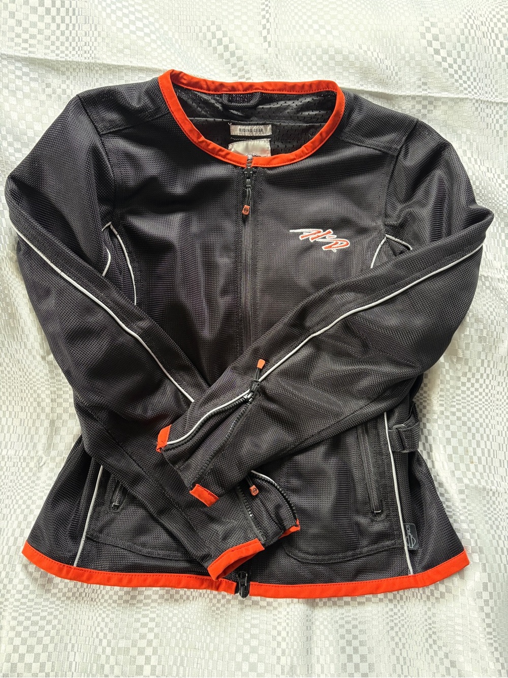 HarleyDavidson Riding Gear Blk Mesh Jacket with Orange Trim and White Embroidery